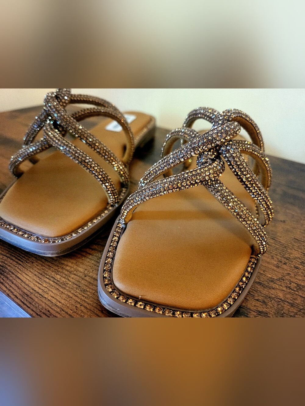 Steve Madden Gold Rhinestone Strappy Slide Sandals - Picture 3 of 11